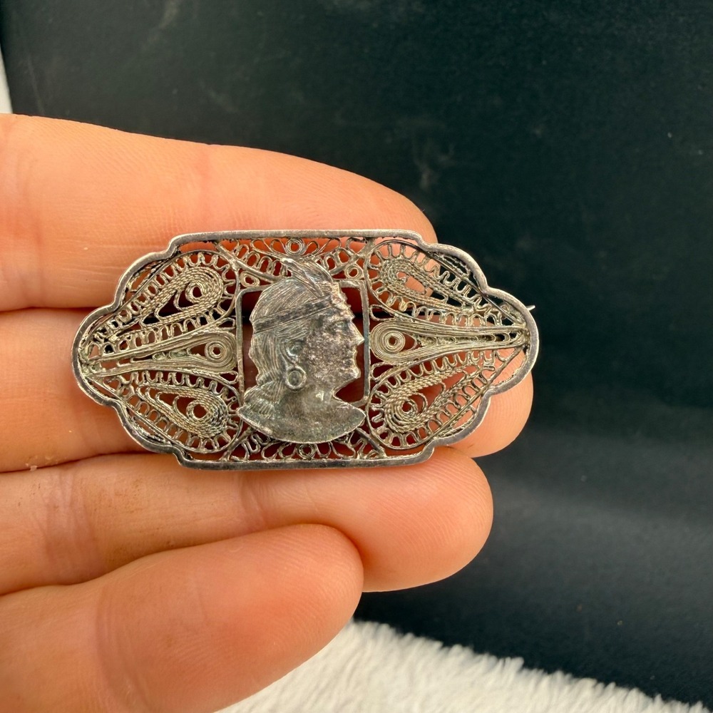 Vintage 900 Silver Aztec Brooch Filigree